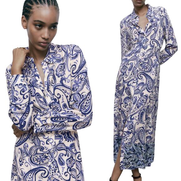 Zara Dresses & Skirts - Zara Navy and Cream Paisley Maxi Dress